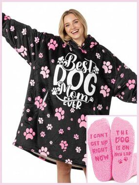 HUGLANKET & Fuzzy Socks "Best Dog Mom" & "Can't Get Up" 2 Piece Cozy Gift Bundle